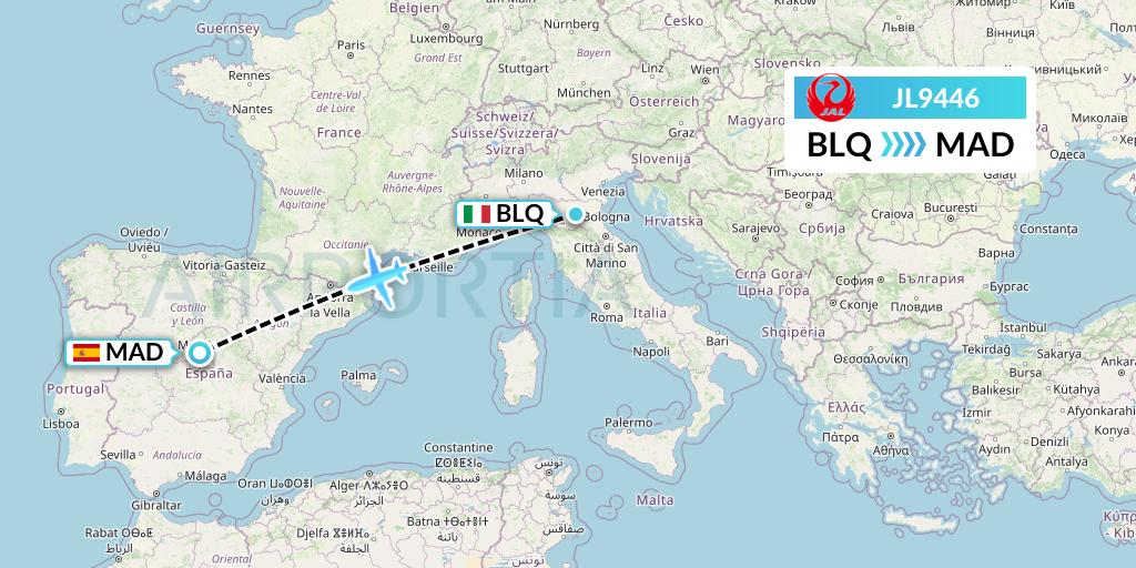 JL9446 Japan Airlines Flight Map: Bologna to Madrid