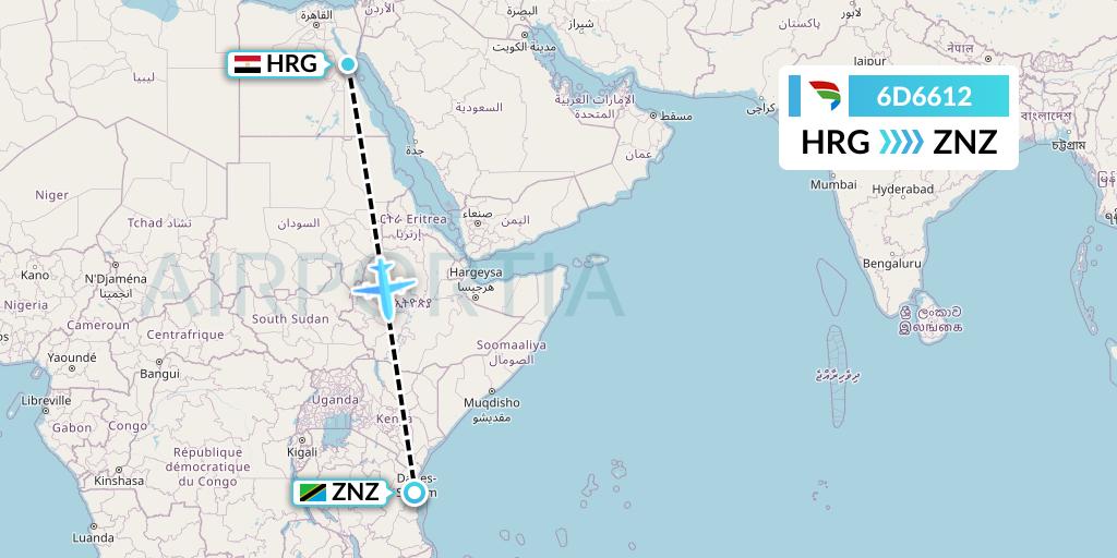 6D6612 Travel Service Slovakia Flight Map: Hurghada to Zanzibar