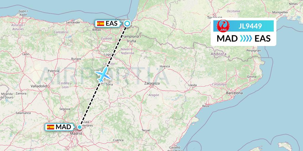 JL9449 Japan Airlines Flight Map: Madrid to San Sebastian