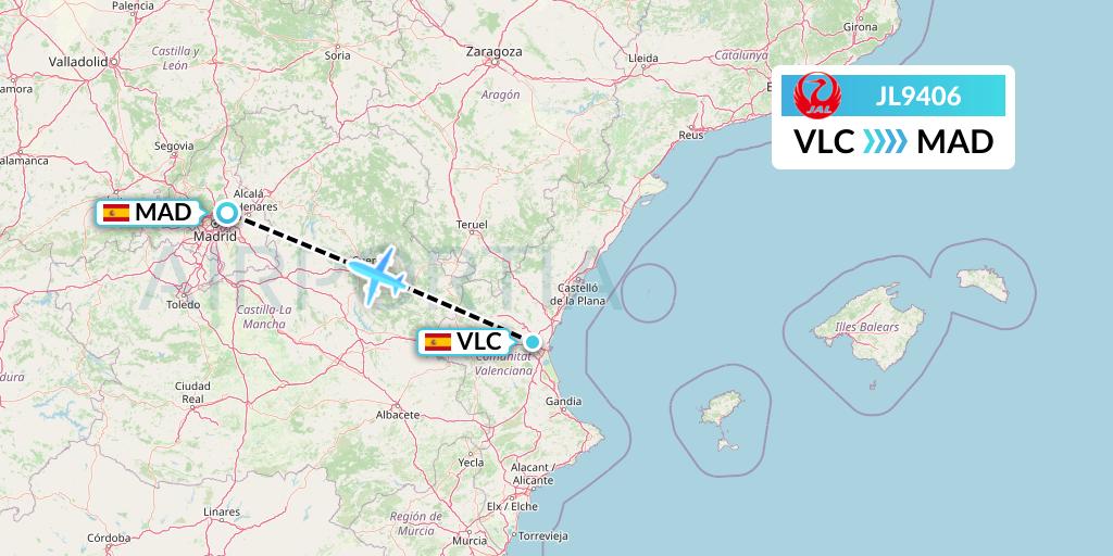 JL9406 Japan Airlines Flight Map: Valencia to Madrid