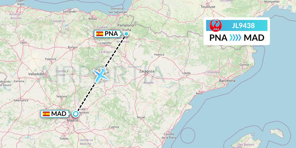 JL9438 Japan Airlines Flight Map: Pamplona to Madrid