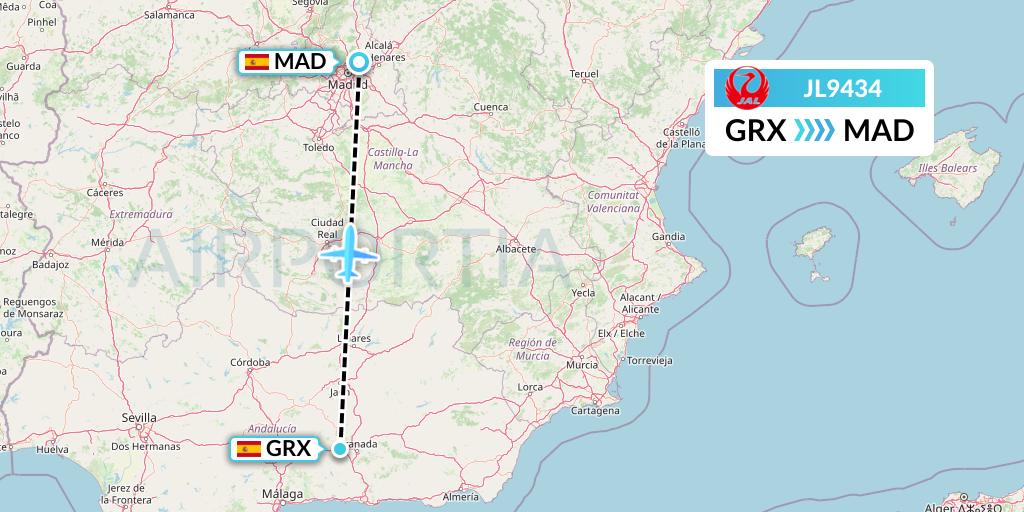 JL9434 Japan Airlines Flight Map: Granada to Madrid