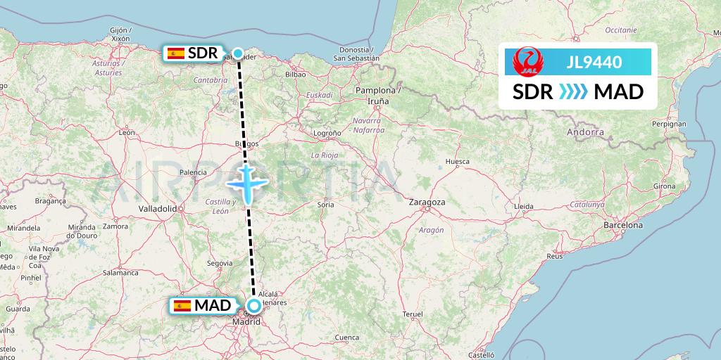JL9440 Japan Airlines Flight Map: Santander to Madrid