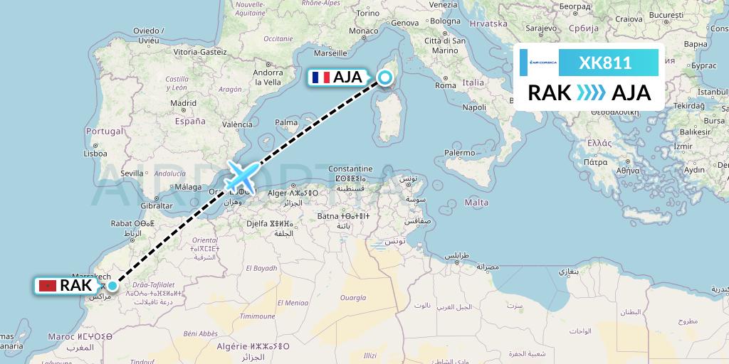 XK811 Air Corsica Flight Map: Marrakesh to Ajaccio