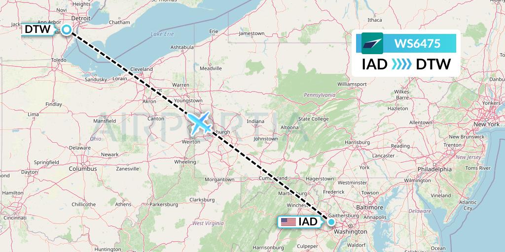 WS6475 WestJet Flight Map: Washington to Detroit