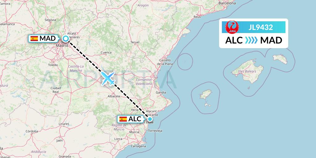 JL9432 Japan Airlines Flight Map: Alicante to Madrid