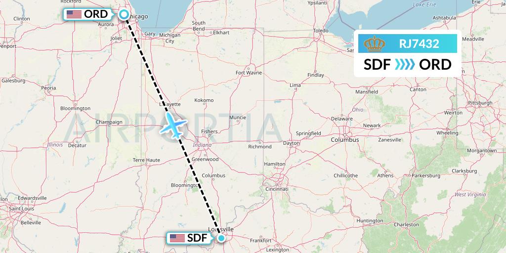 RJ7432 Royal Jordanian Flight Map: Louisville to Chicago