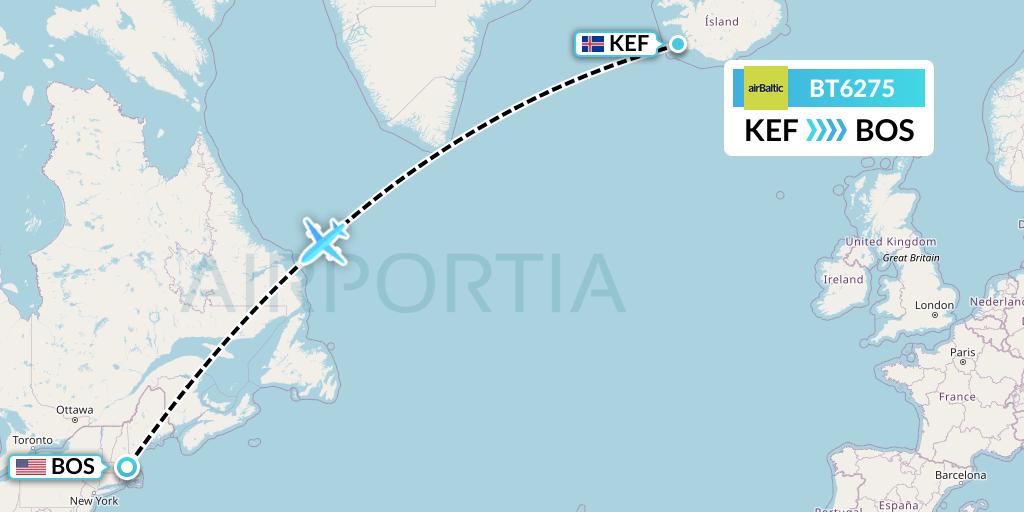 BT6275 airBaltic Flight Map: Reykjavik to Boston