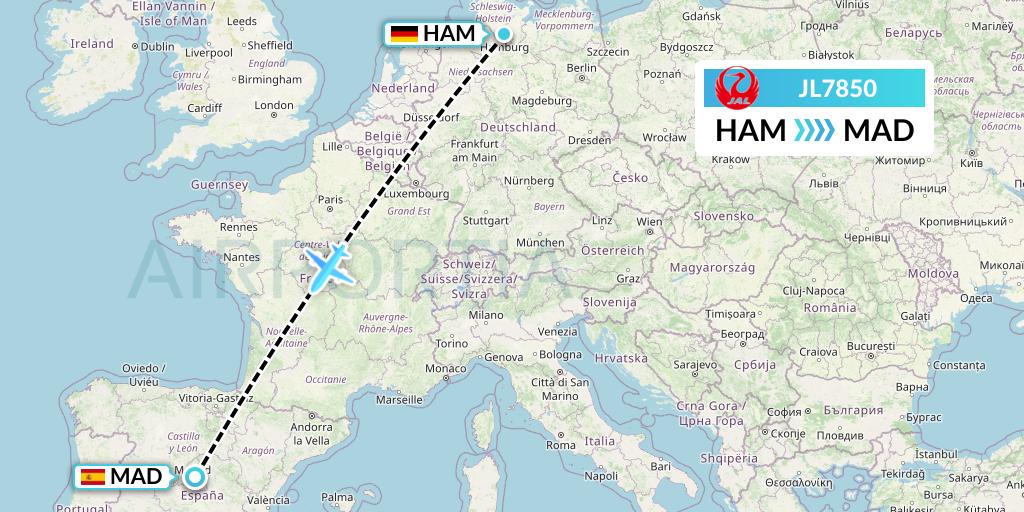 JL7850 Japan Airlines Flight Map: Hamburg to Madrid