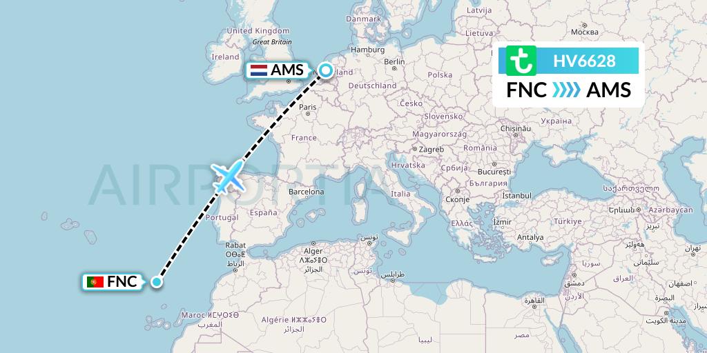 HV6628 Transavia Flight Map: Funchal to Amsterdam