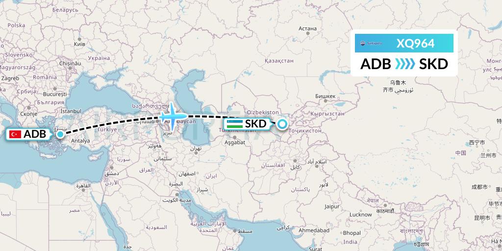 XQ964 SunExpress Flight Map: Izmir to Samarkand