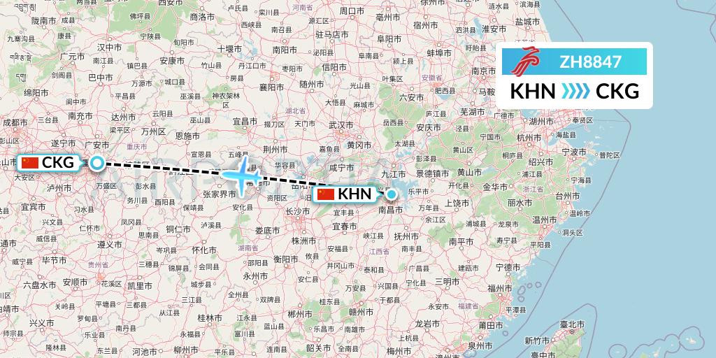 ZH8847 Shenzhen Airlines Flight Map: Nanchang to Chongqing