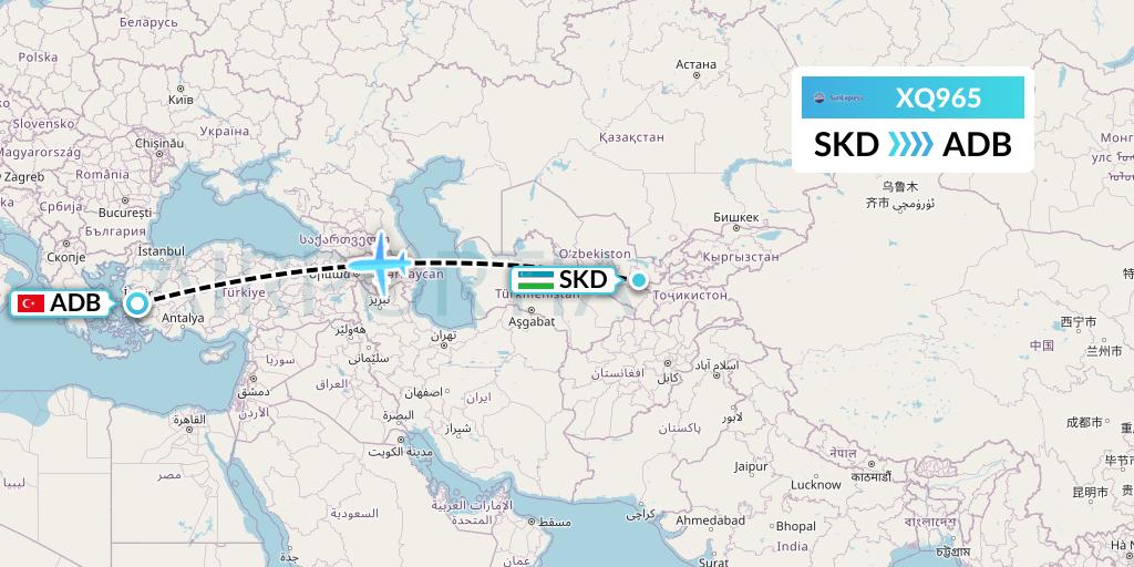 XQ965 SunExpress Flight Map: Samarkand to Izmir
