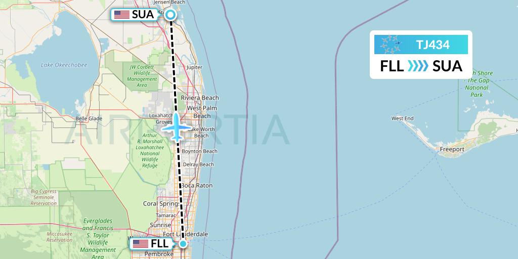 TJ434 Tradewind Aviation Flight Map: Fort Lauderdale to Stuart