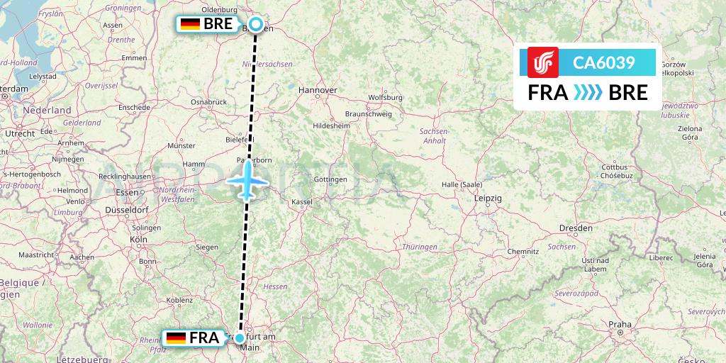 CA6039 Air China Flight Map: Frankfurt to Bremen