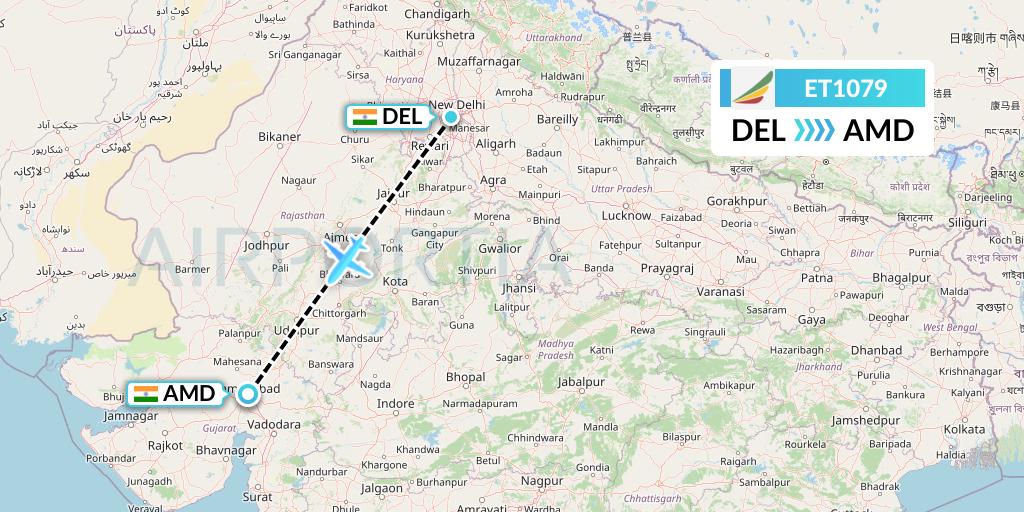 ET1079 Ethiopian Airlines Flight Map: Delhi to Ahmedabad