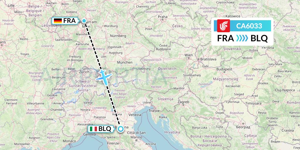 CA6033 Air China Flight Map: Frankfurt to Bologna