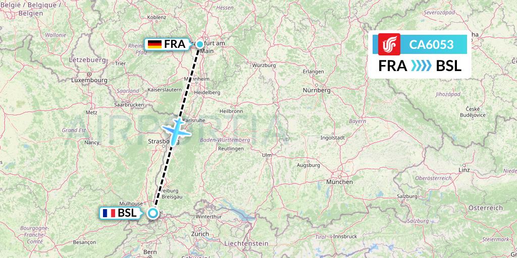 CA6053 Air China Flight Map: Frankfurt to Basel