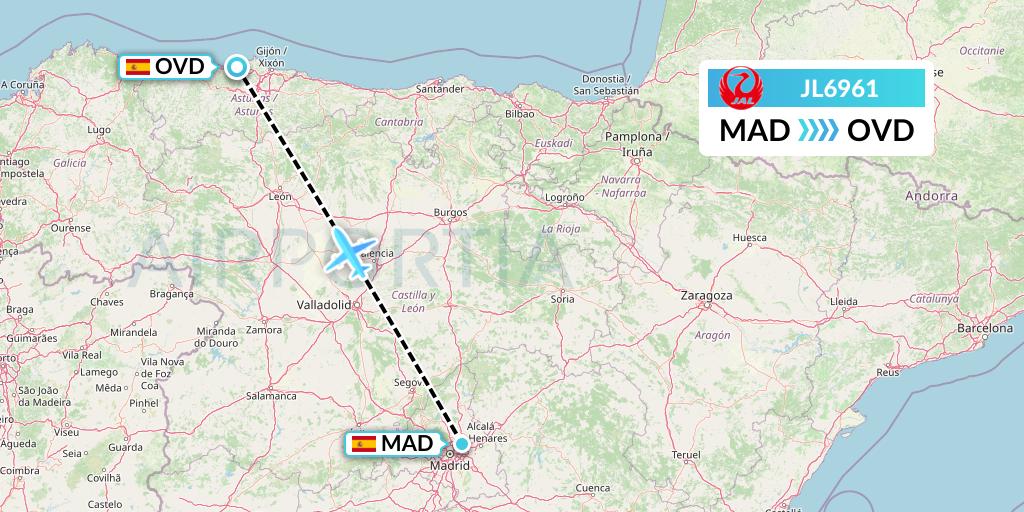 JL6961 Japan Airlines Flight Map: Madrid to Asturias