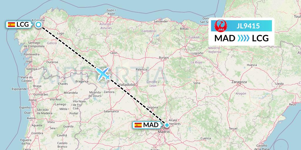 JL9415 Japan Airlines Flight Map: Madrid to A Coruna