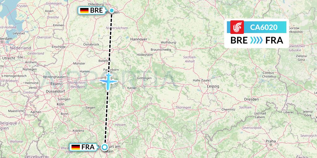 CA6020 Air China Flight Map: Bremen to Frankfurt