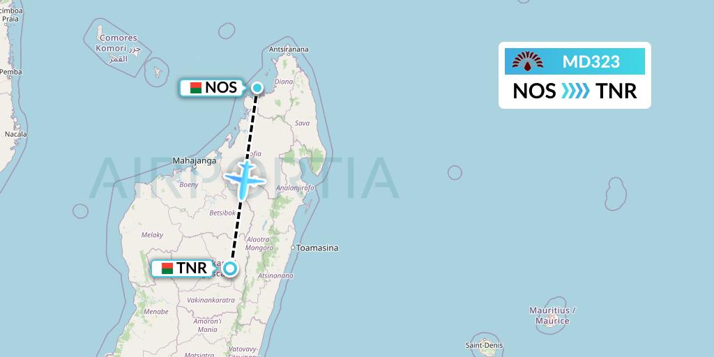 MD323 Air Madagascar Flight Map: Nosy Be to Antananarivo