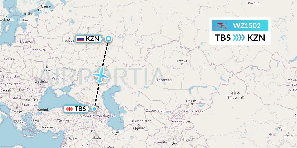 WZ1502 Red Wings Flight Map: Tbilisi to Kazan