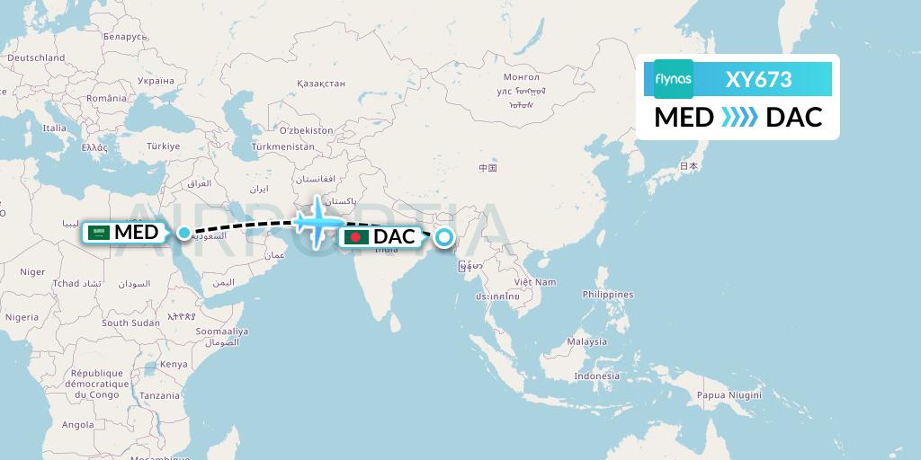 XY673 Flynas Flight Map: Medina to Dhaka