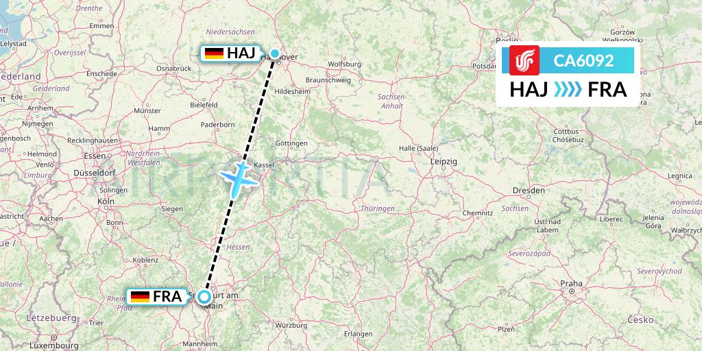 CA6092 Air China Flight Map: Hannover to Frankfurt