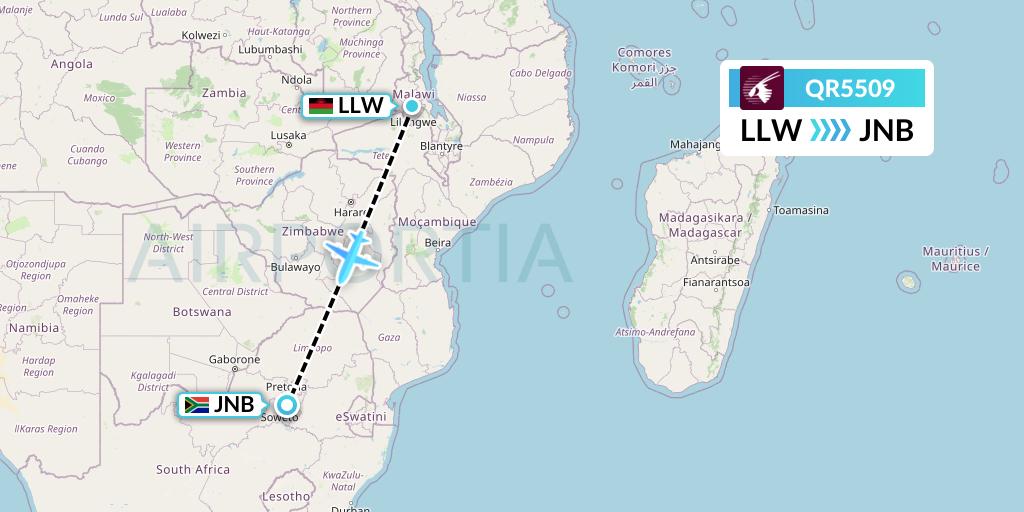 QR5509 Qatar Airways Flight Map: Lilongwe to Johannesburg