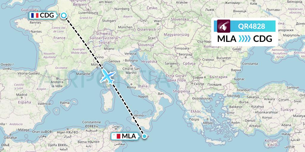QR4828 Qatar Airways Flight Map: Malta to Paris