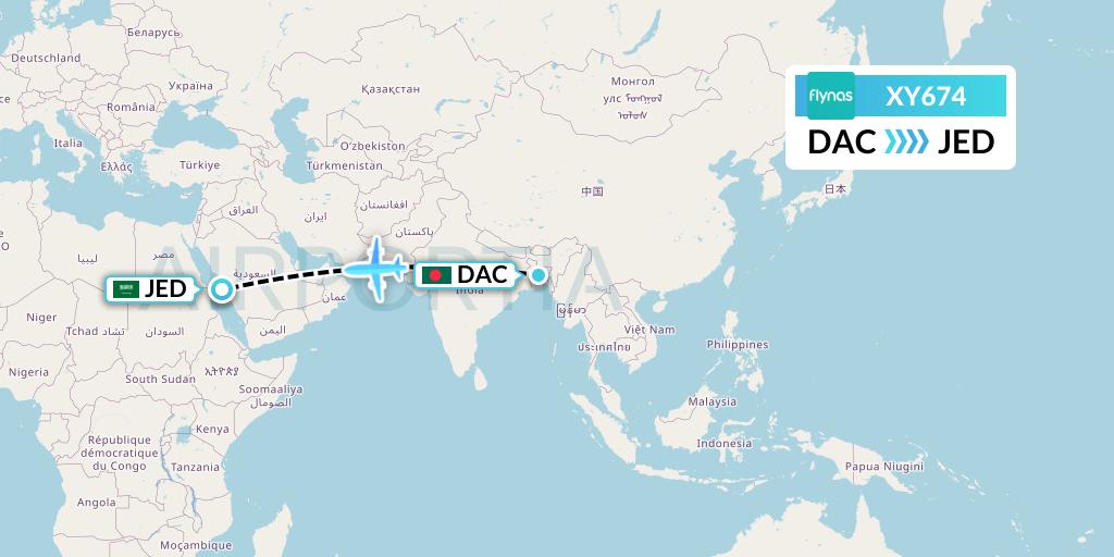 XY674 Flynas Flight Map: Dhaka to Jeddah