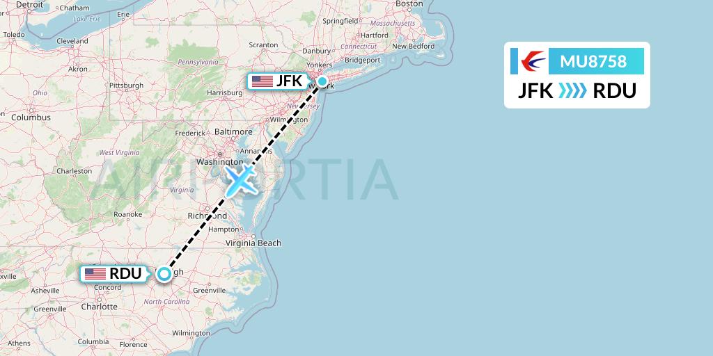MU8758 China Eastern Airlines Flight Map: New York to Raleigh-Durham