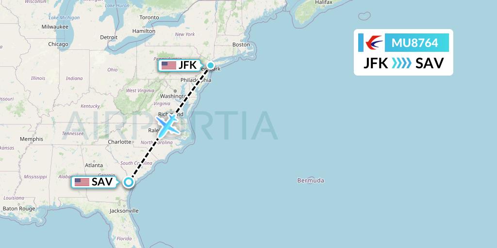MU8764 China Eastern Airlines Flight Map: New York to Savannah