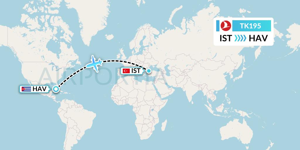 TK195 Turkish Airlines Flight Map: Istanbul to Havana