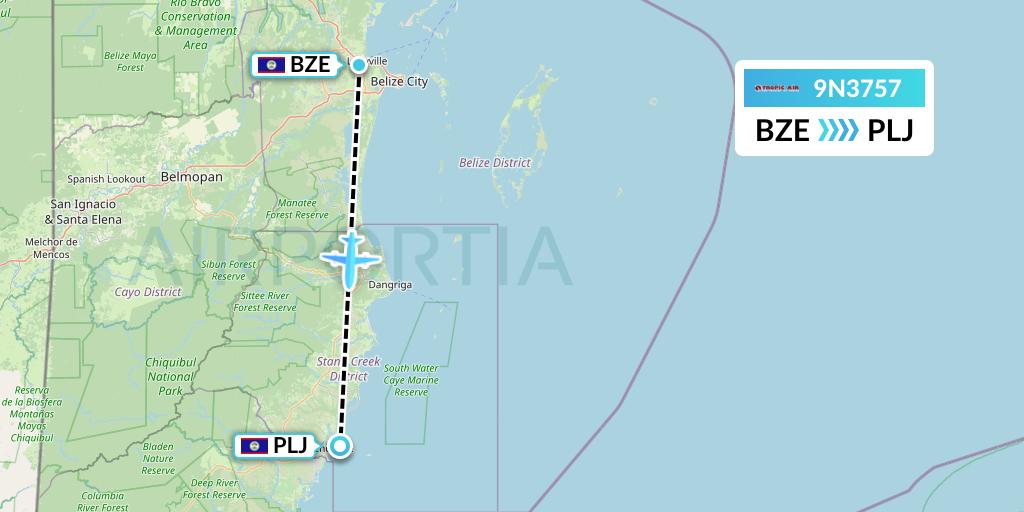 9N3757 Tropic Air Flight Map: Belize City to Placencia
