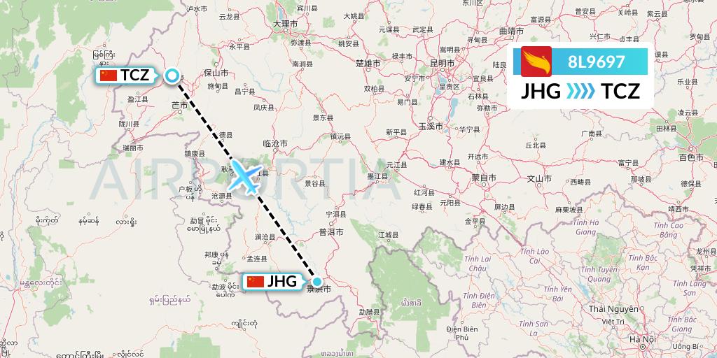 8L9697 Lucky Air Flight Map: Jinghong to Tengchong