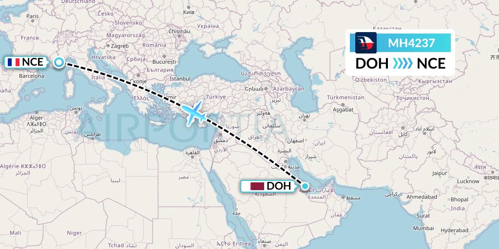 MH4237 Malaysia Airlines Flight Map: Doha to Nice