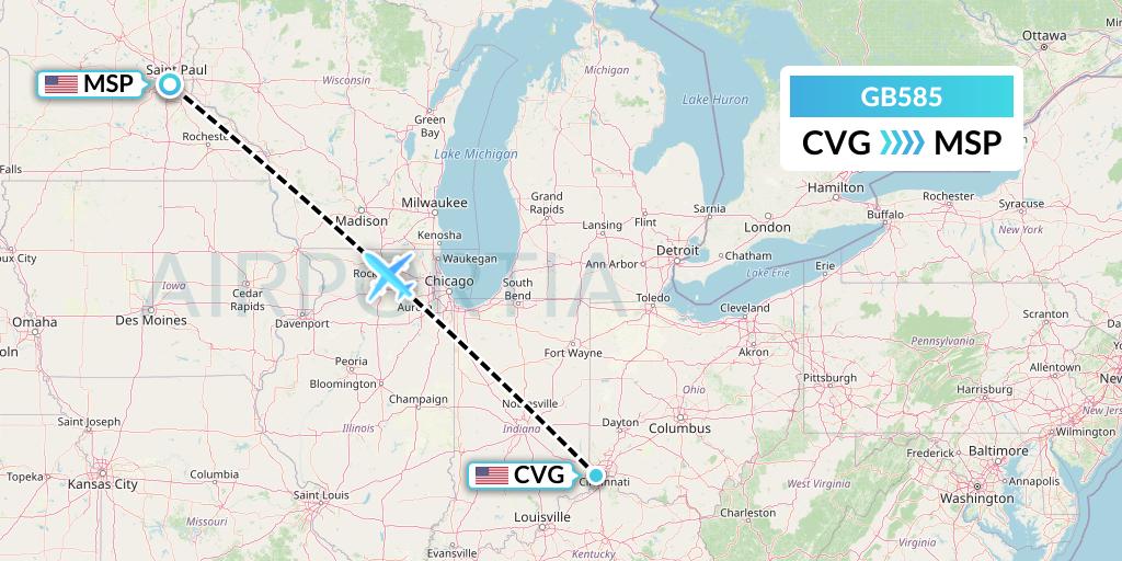 GB585 ABX Air Flight Map: Cincinnati to Minneapolis