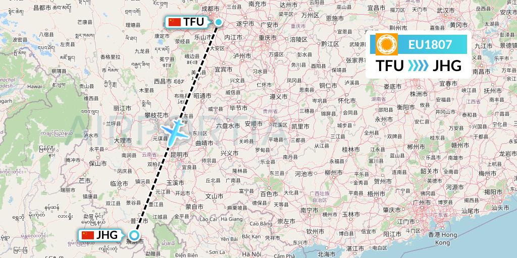 EU1807 Chengdu Airlines Flight Map: Chengdu to Jinghong