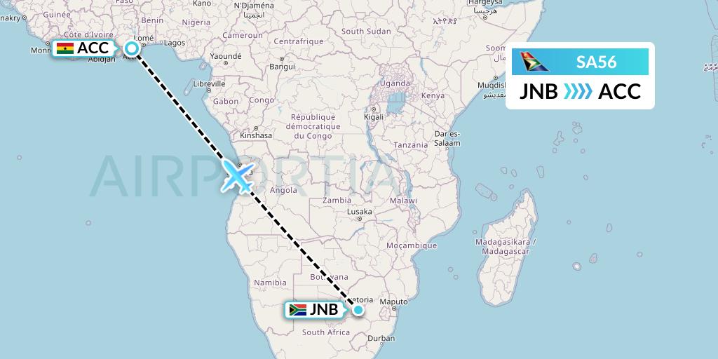 SA56 South African Airways Flight Map: Johannesburg to Accra