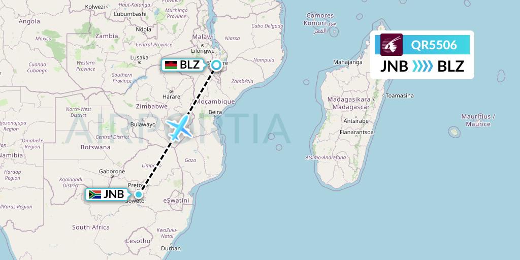 QR5506 Qatar Airways Flight Map: Johannesburg to Blantyre