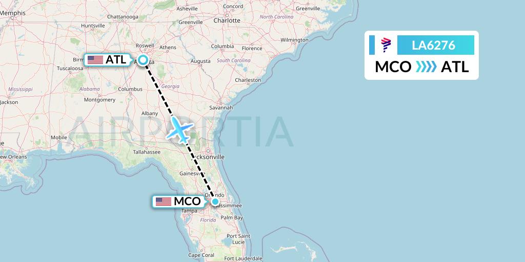 LA6276 LAN Airlines Flight Map: Orlando to Atlanta