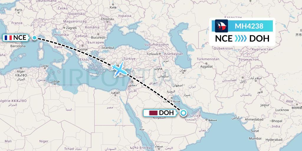 MH4238 Malaysia Airlines Flight Map: Nice to Doha