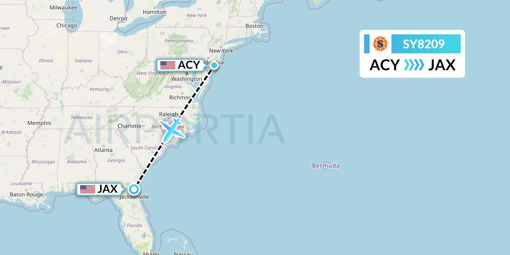 SY8209 Sun Country Airlines Flight Map: Atlantic City to Jacksonville