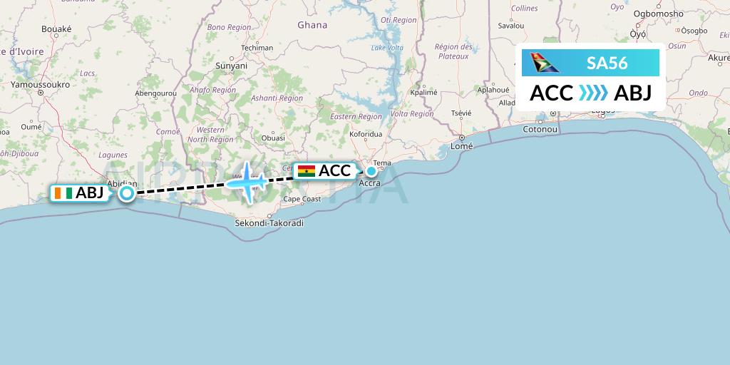SA56 South African Airways Flight Map: Accra to Abidjan