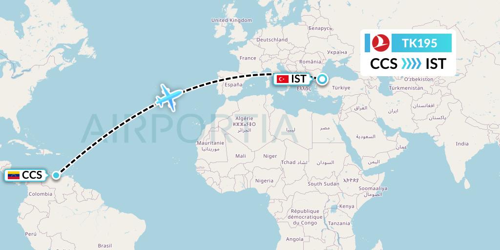 TK195 Turkish Airlines Flight Map: Caracas to Istanbul