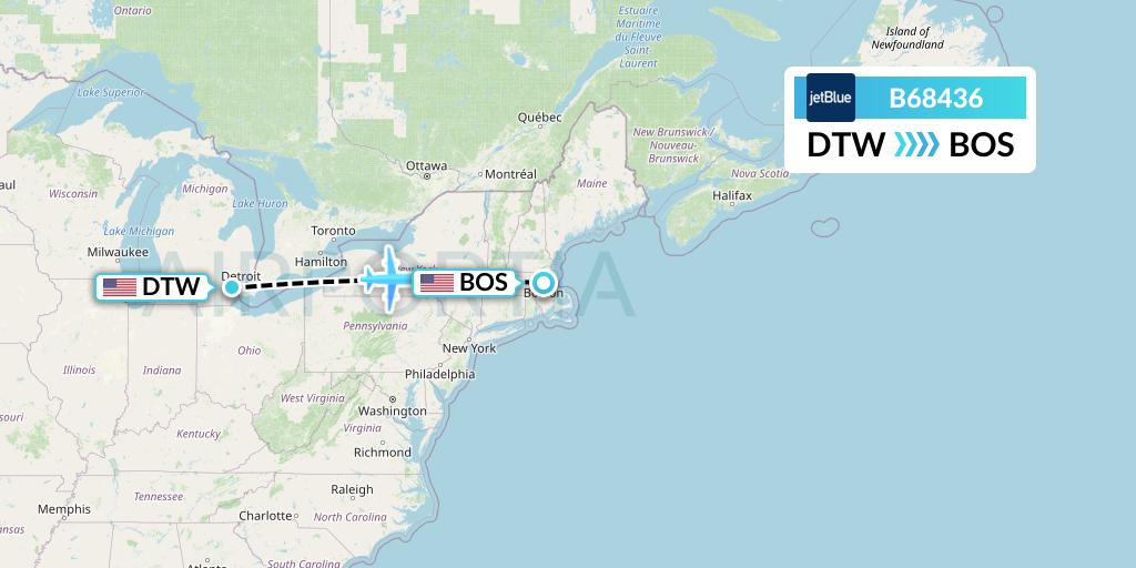 B68436 JetBlue Airways Flight Map: Detroit to Boston