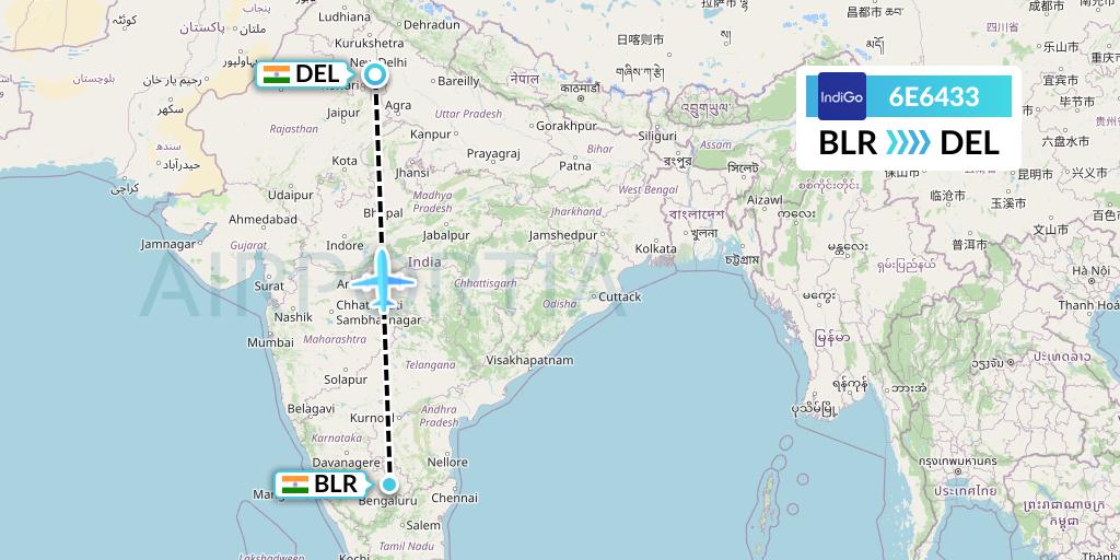 6E6433 IndiGo Airlines Flight Map: Bangalore to Delhi