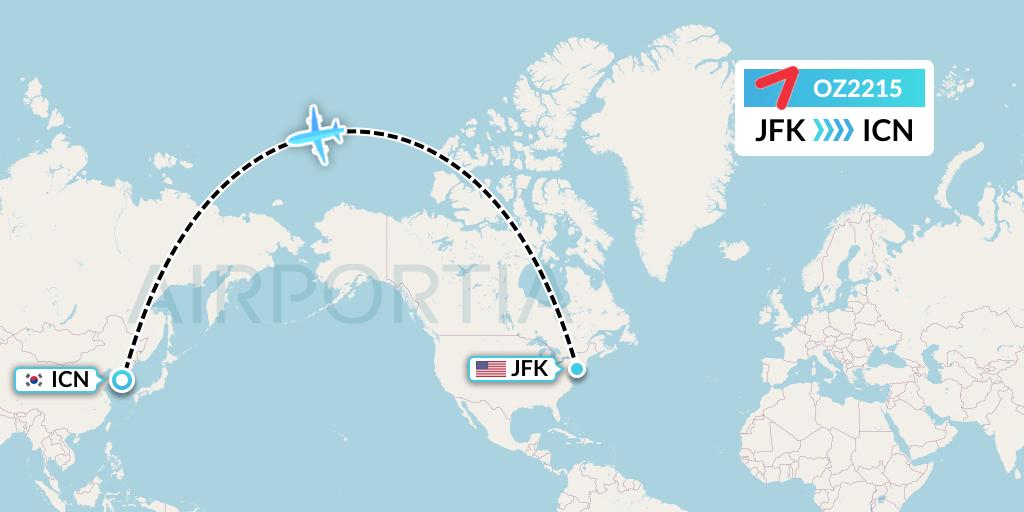 OZ2215 Asiana Airlines Flight Map: New York to Seoul